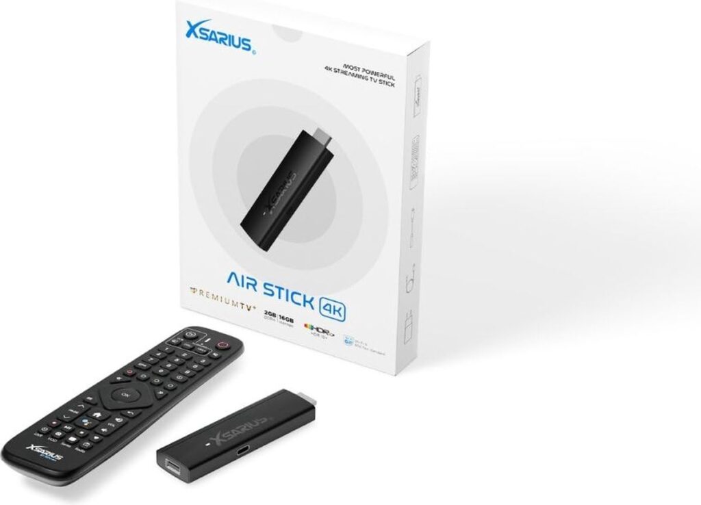 firestick xsarius comprennant une clé stick hdmi, une télécommande et un cable secteur